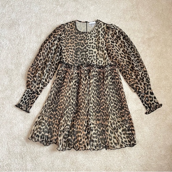 New GANNI leopard babydoll dress Puff Sleeves Mini S 2 XS - Picture 3 of 6